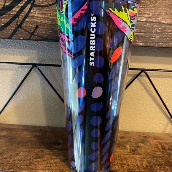 Starbucks Floral Leaves Purple Neon Green Spotted 24 Ounce Tumbler - Picture 4 of 9